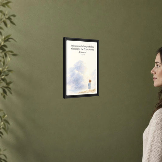 Jesús calma la tempestad de mi corazón — Lienzo Cristiano Enmarcado | Marcos 4:39 — 12×18 pulgadas, marco negro, vista angular ambiental del marco flotante, escala física calibrada
