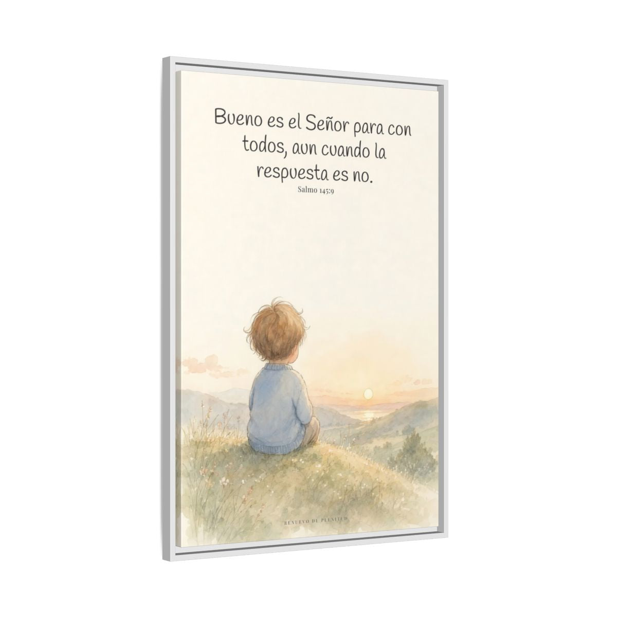 Bueno es Jehová para con todos — Lienzo Cristiano Enmarcado | Salmo 145:9 — 24×36 pulgadas, marco blanco, vista lateral del marco flotante