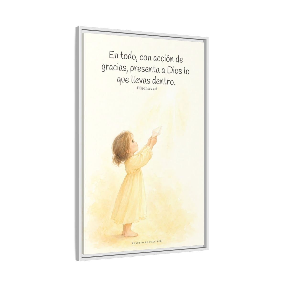 Con acción de gracias, presenta todo a Dios — Lienzo Cristiano Enmarcado | Filipenses 4:6 — 24×36 pulgadas, marco blanco, vista lateral del marco flotante