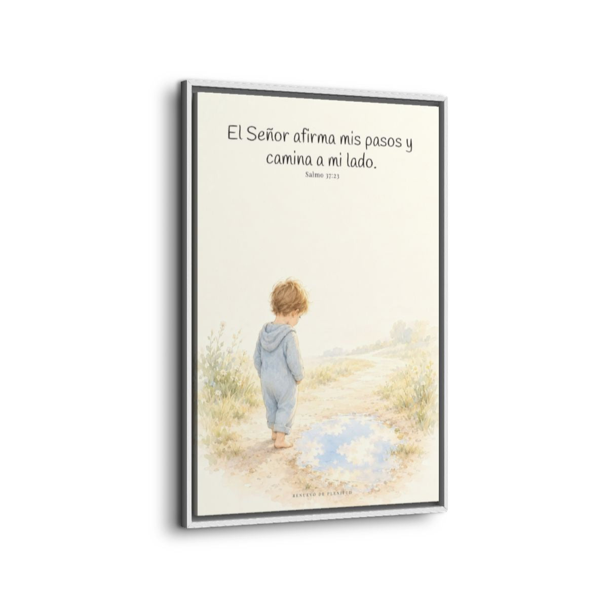 Dios camina a mi lado | Lienzo cristiano decorativo | Salmo 37:23 — 24×36 pulgadas, marco blanco, vista lateral del marco flotante