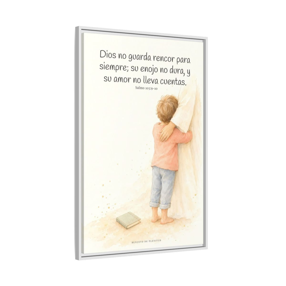 Dios no nos guarda rencor para siempre — Lienzo Cristiano Enmarcado | Salmo 103:9-10 — 24×36 pulgadas, marco blanco, vista lateral del marco flotante