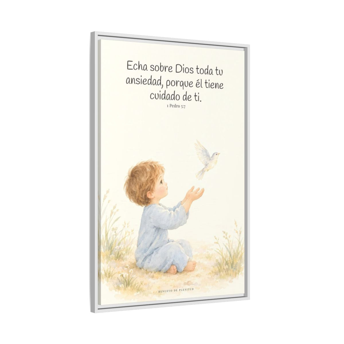 Echa Toda Tu Ansiedad Sobre Dios — Lienzo Cristiano Enmarcado | 1 Pedro 5:7 — 24×36 pulgadas, marco blanco, vista lateral del marco flotante