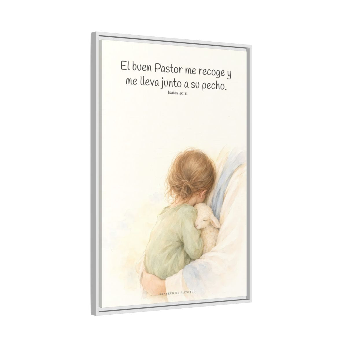 El buen Pastor me lleva junto a su corazón — Lienzo Cristiano Enmarcado | Isaías 40:11 — 24×36 pulgadas, marco blanco, vista lateral del marco flotante