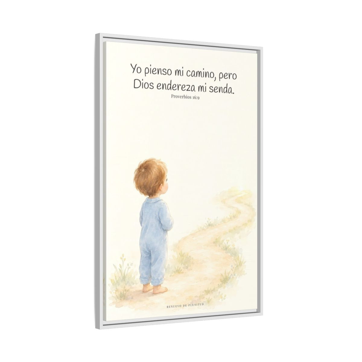 El corazón del hombre piensa, Dios endereza — Lienzo Cristiano Enmarcado | Proverbios 16:9 — 24×36 pulgadas, marco blanco, vista lateral del marco flotante