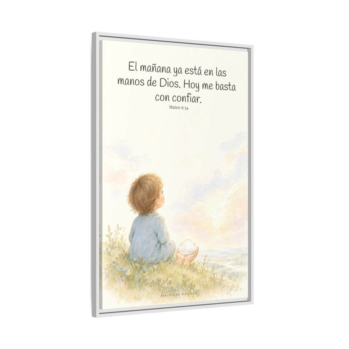 El mañana ya está en las manos de Dios — Lienzo Cristiano Enmarcado | Mateo 6:34 — 24×36 pulgadas, marco blanco, vista lateral del marco flotante