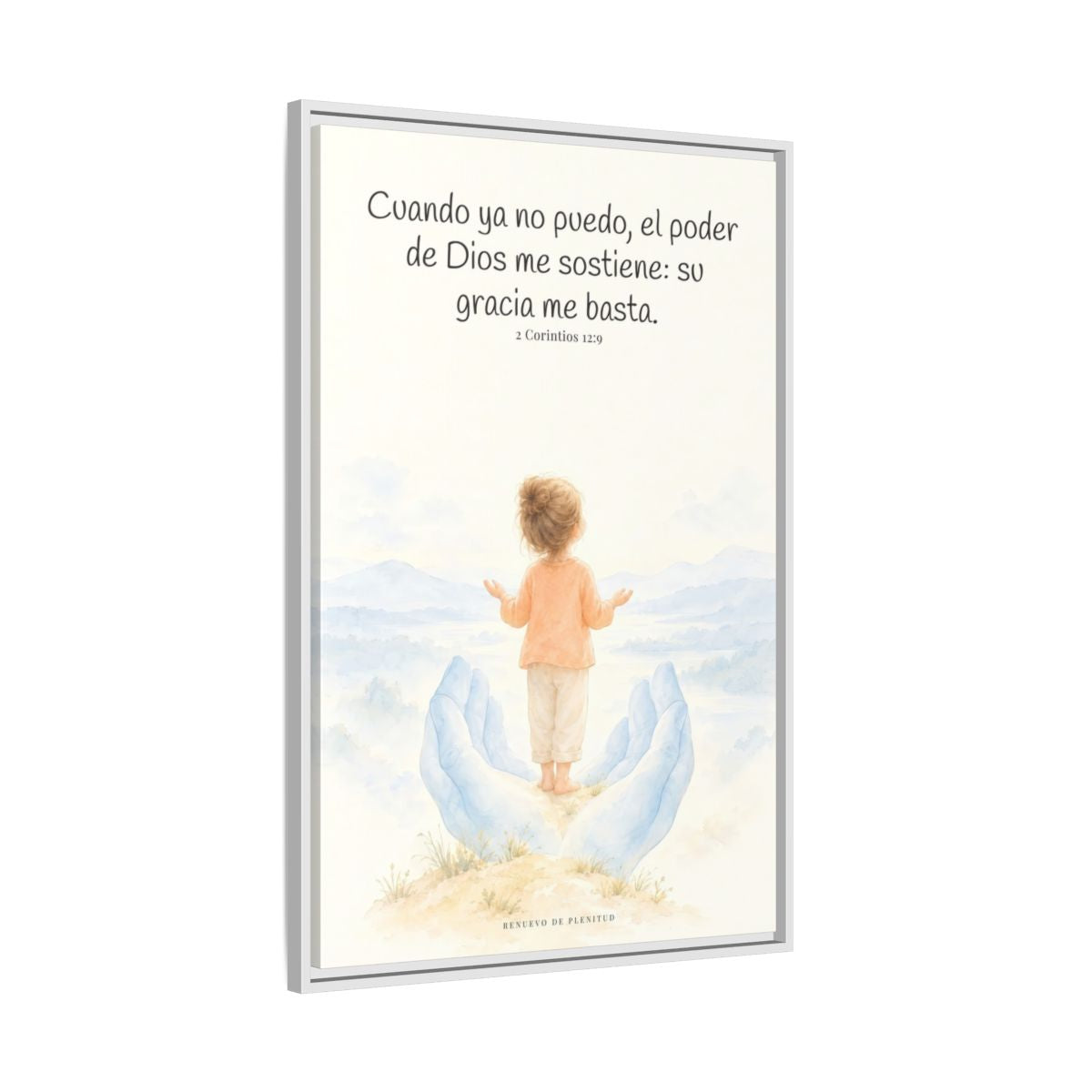 El poder de Dios se perfecciona en mi debilidad — Lienzo Cristiano Enmarcado | 2 Corintios 12:9 — 24×36 pulgadas, marco blanco, vista lateral del marco flotante