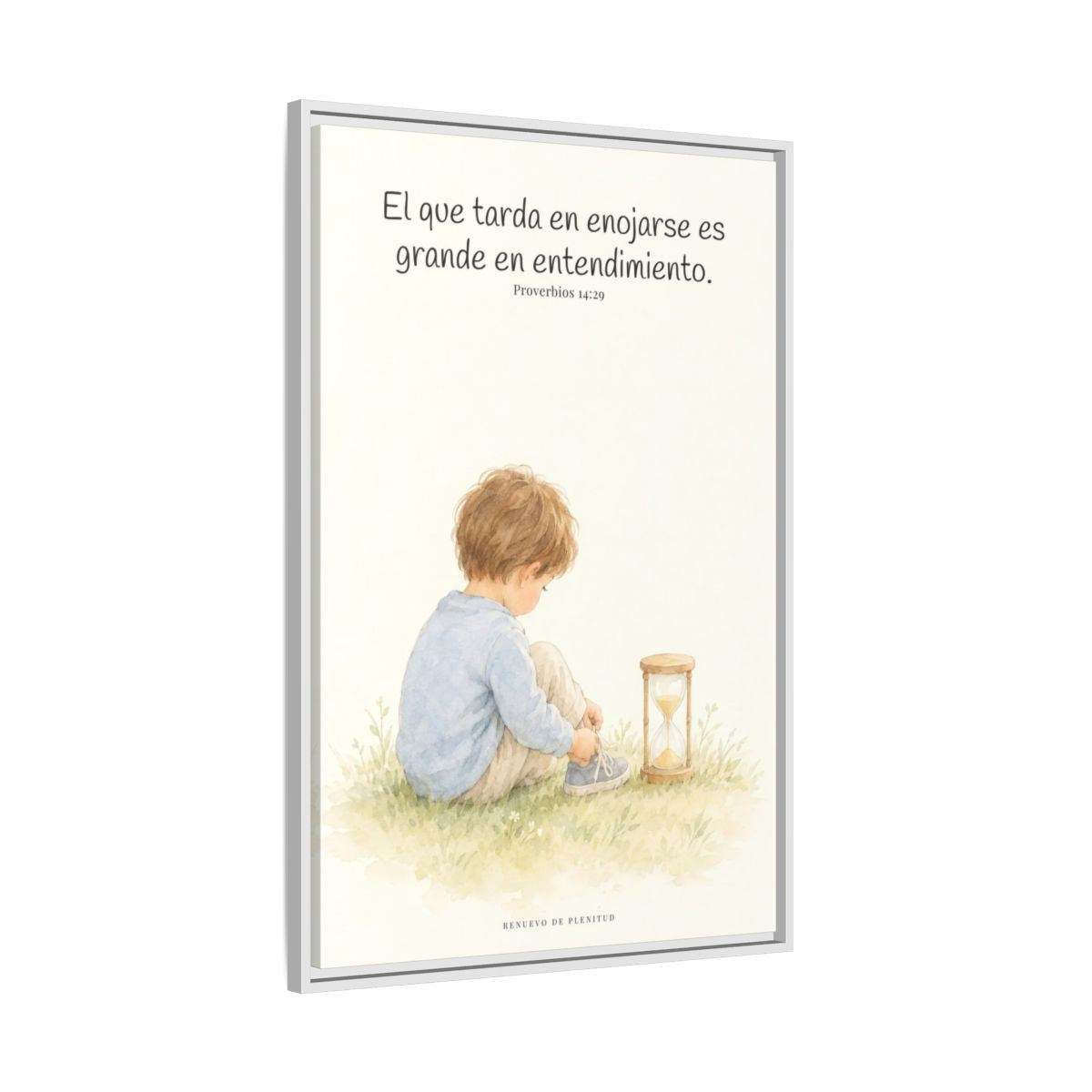 El que es lento para la ira es grande en entendimiento — Lienzo Cristiano Enmarcado | Proverbios 14:29 — 24×36 pulgadas, marco blanco, vista lateral del marco flotante