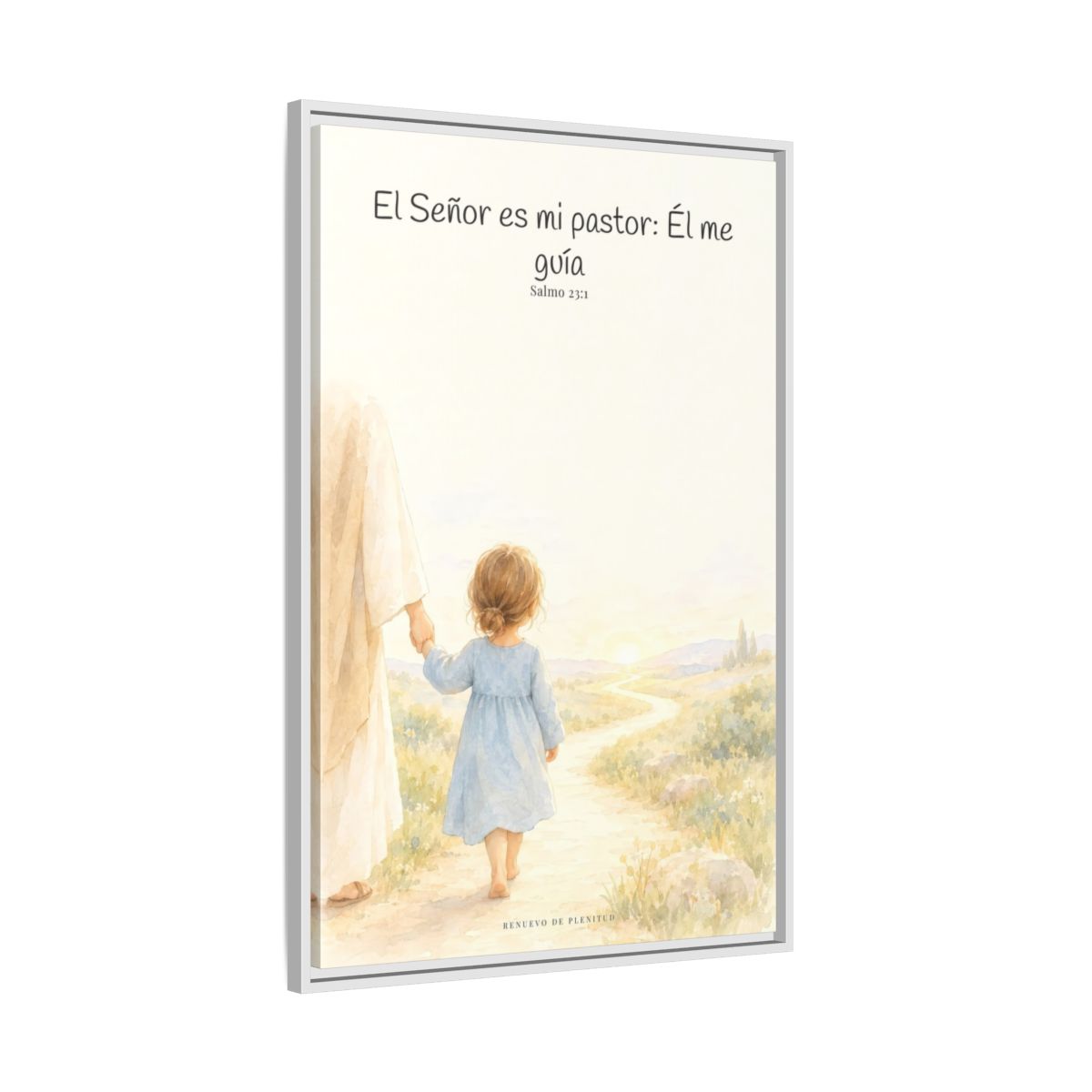 El Señor es mi pastor; Él me guía — Lienzo Cristiano Enmarcado | Salmo 23:1 — 24×36 pulgadas, marco blanco, vista lateral del marco flotante