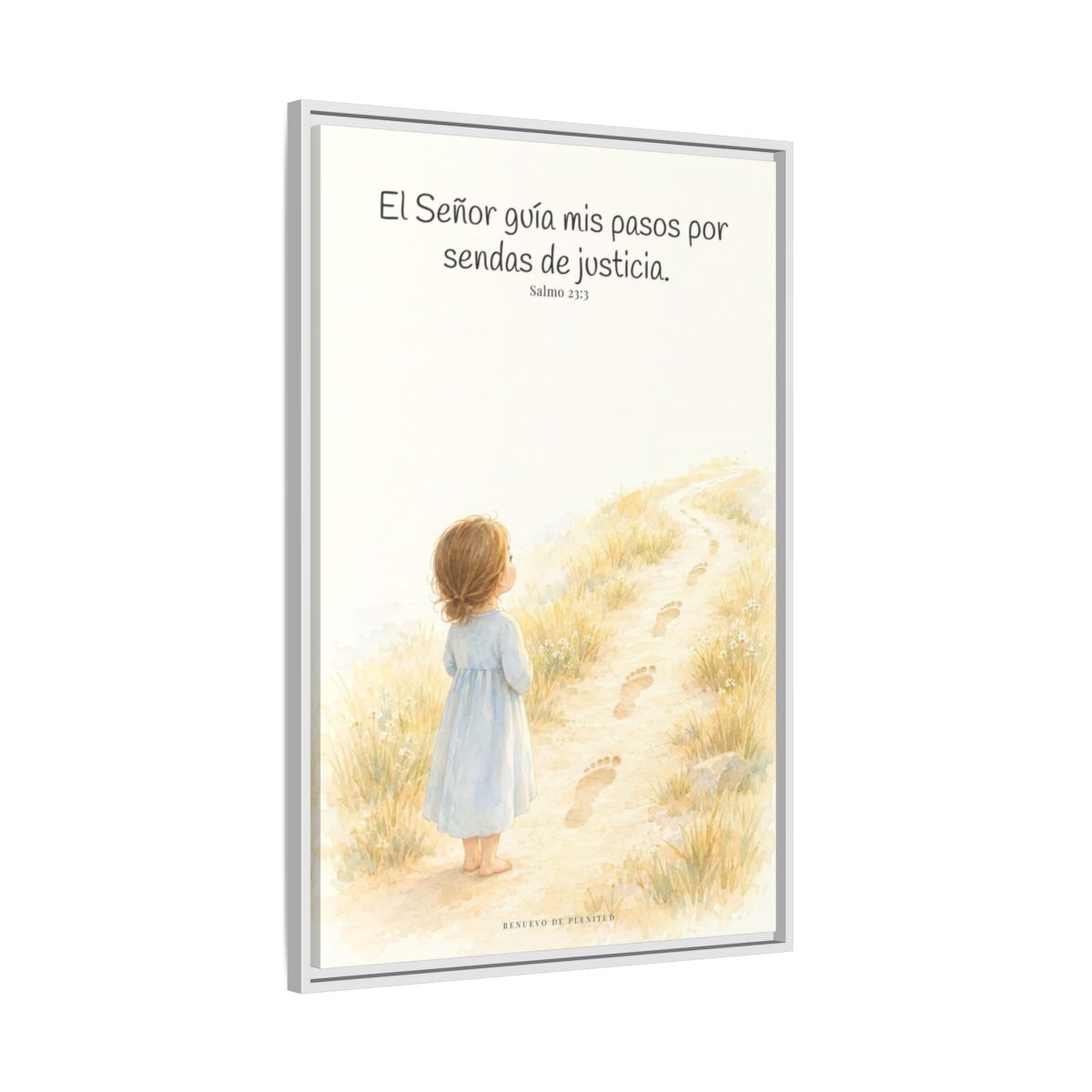 El Señor guía mis pasos — Lienzo Cristiano Enmarcado | Salmo 23:3 — 24×36 pulgadas, marco blanco, vista lateral del marco flotante