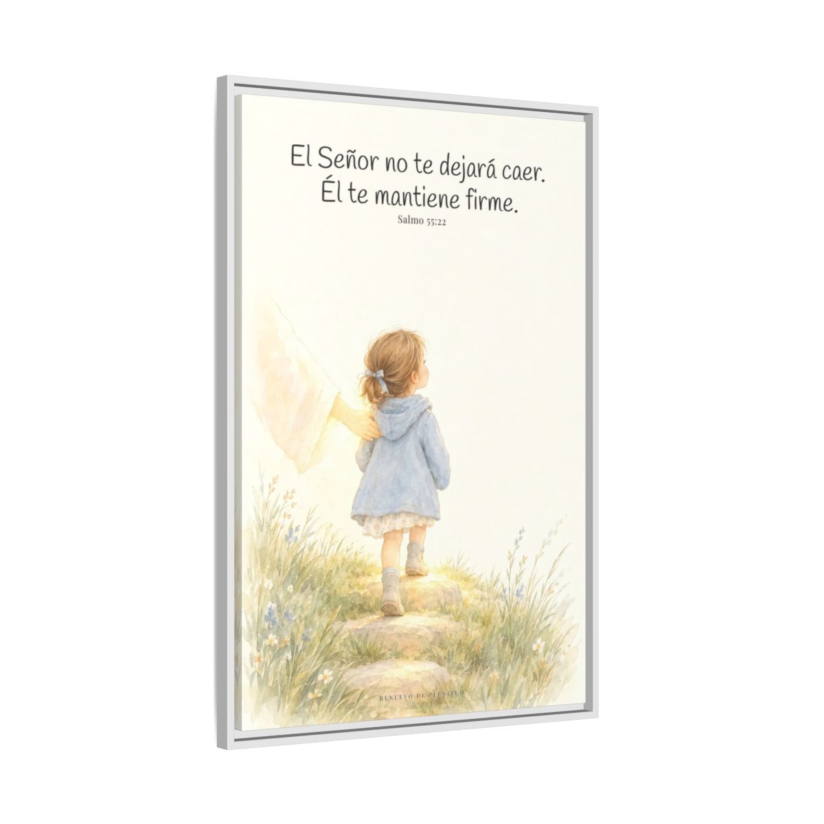 El Señor no te dejará caer — Lienzo Cristiano Enmarcado | Salmo 55:22 — 24×36 pulgadas, marco blanco, vista lateral del marco flotante