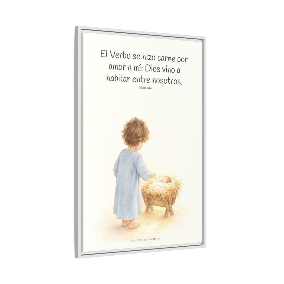 El Verbo se hizo carne por amor a mí — Lienzo Cristiano Enmarcado | Juan 1:14 — 24×36 pulgadas, marco blanco, vista lateral del marco flotante