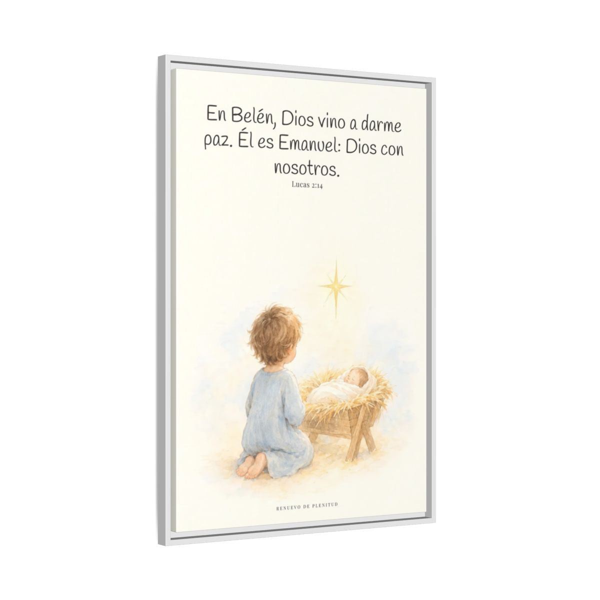 En Belén, Dios vino a darme paz — Lienzo Cristiano Enmarcado | Lucas 2:14 — 24×36 pulgadas, marco blanco, vista lateral del marco flotante