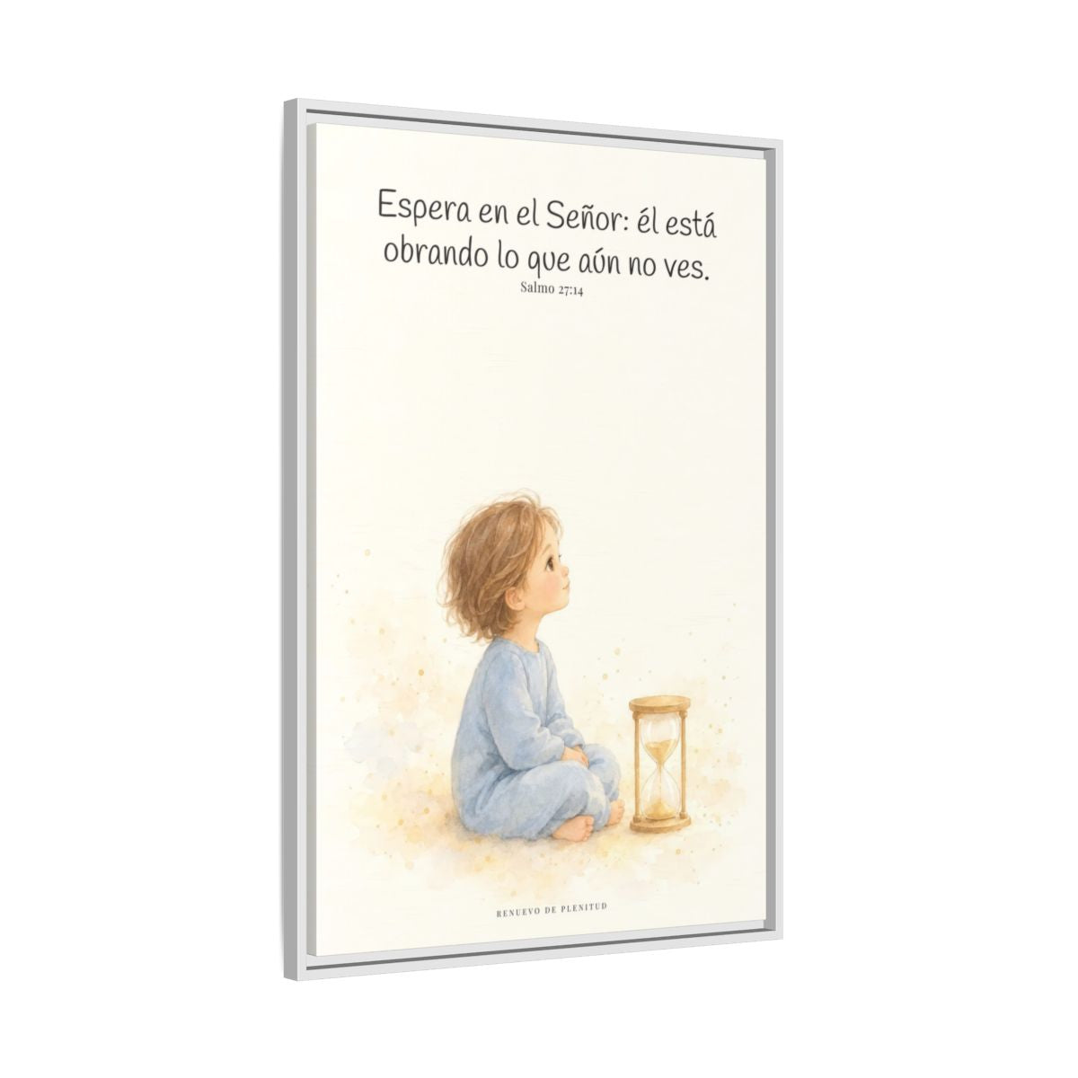 Espera en Jehová, y él te sostendrá — Lienzo Cristiano Enmarcado | Salmo 27:14 — 24×36 pulgadas, marco blanco, vista lateral del marco flotante