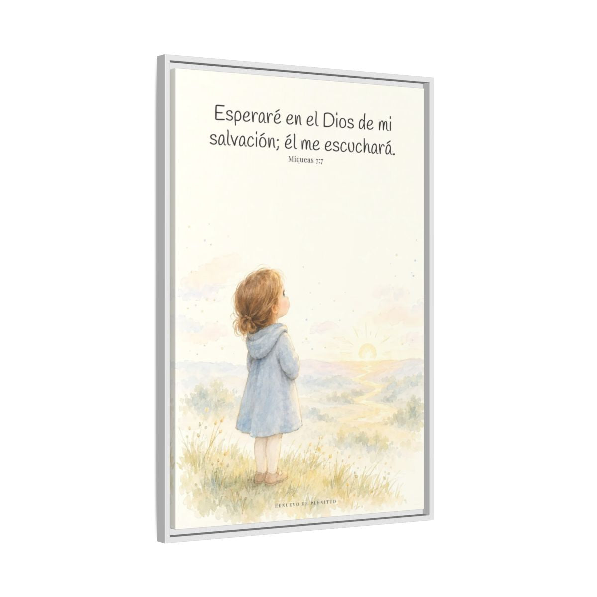Esperaré en el Dios de mi salvación — Lienzo Cristiano Enmarcado | Miqueas 7:7 — 24×36 pulgadas, marco blanco, vista lateral del marco flotante