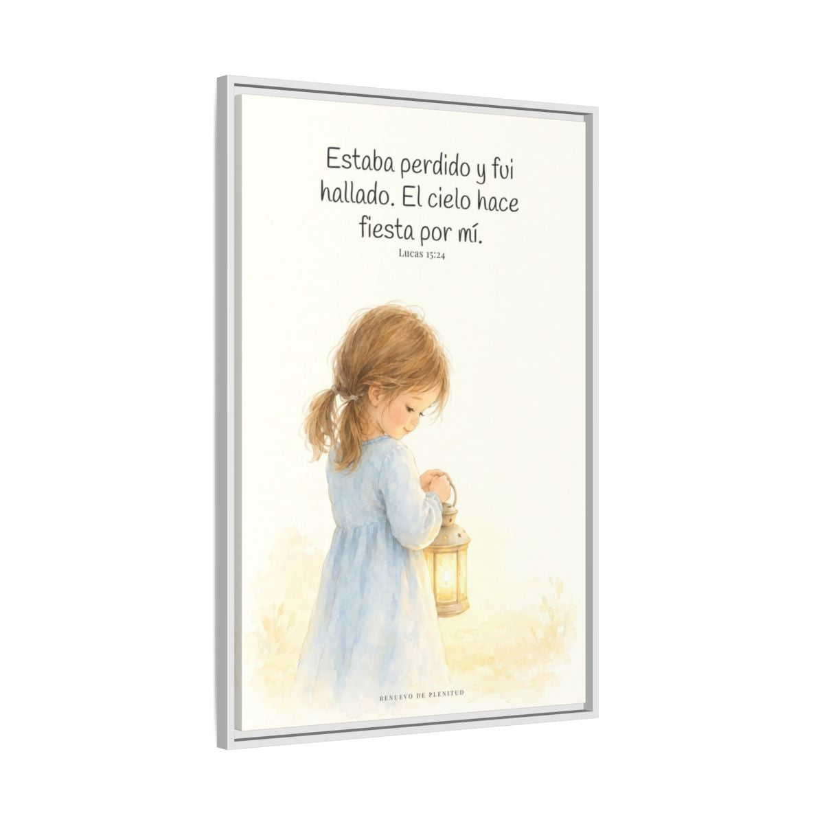 Este mi hijo perdido ha sido hallado — Lienzo Cristiano Enmarcado | Lucas 15:24 — 24×36 pulgadas, marco blanco, vista lateral del marco flotante