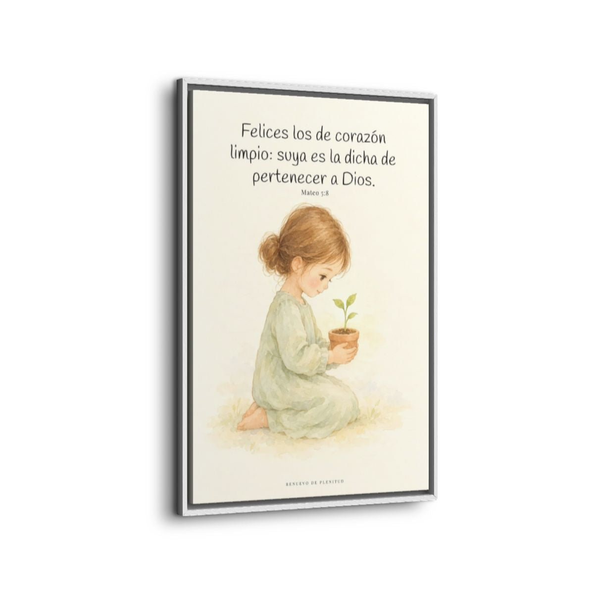 Felices los que pertenecen a Dios | Lienzo de fe para el hogar | Mateo 5:8 — 24×36 pulgadas, marco blanco, vista lateral del marco flotante