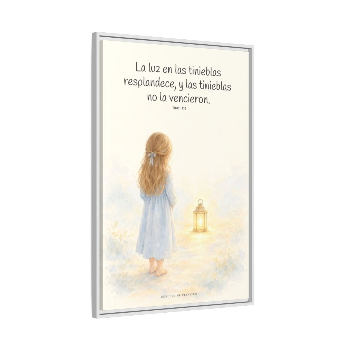 La luz de Dios brilla en mis tinieblas — Lienzo Cristiano Enmarcado | Juan 1:5 — 24×36 pulgadas, marco blanco, vista lateral del marco flotante