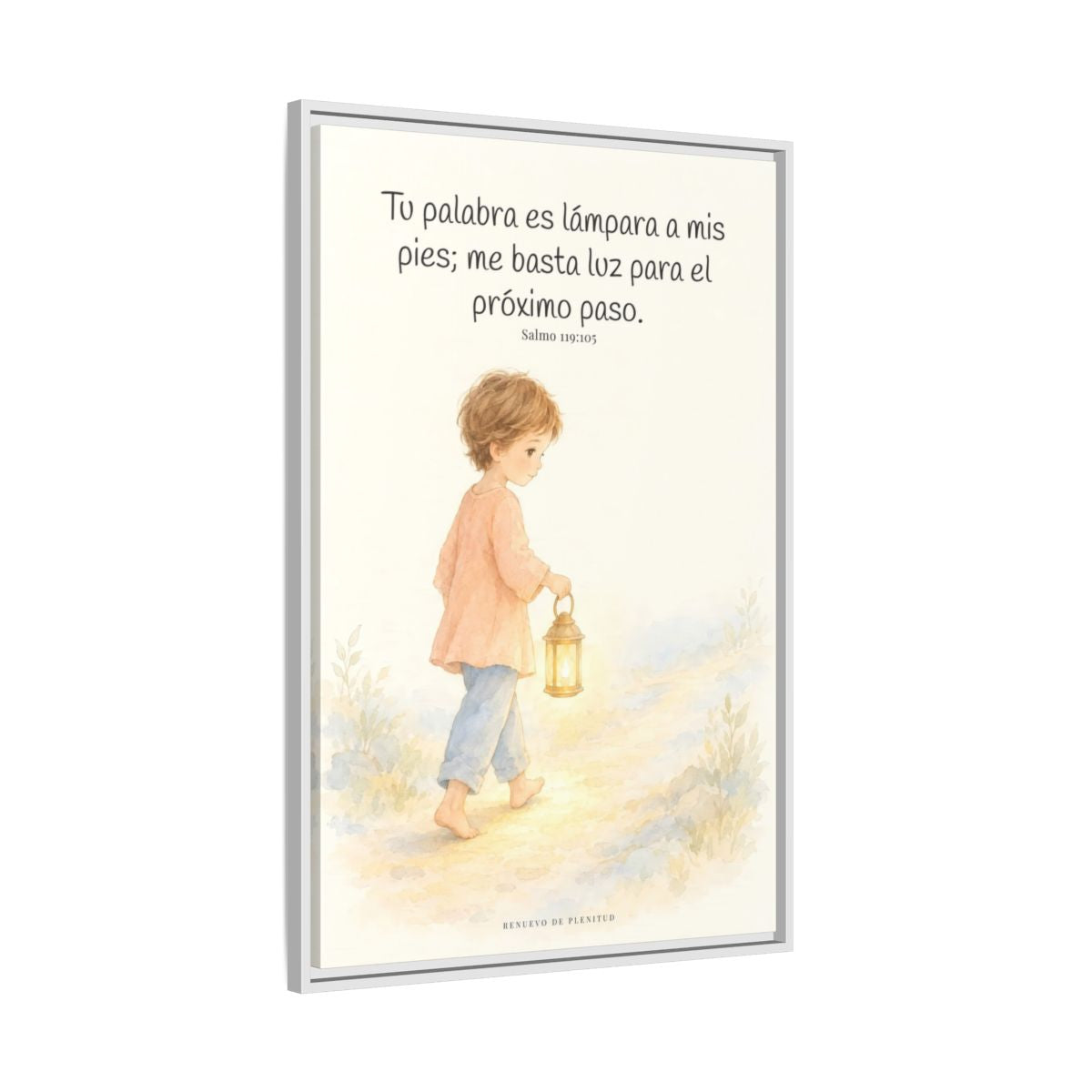 Lámpara es tu palabra a mis pies — Lienzo Cristiano Enmarcado | Salmo 119:105 — 24×36 pulgadas, marco blanco, vista lateral del marco flotante