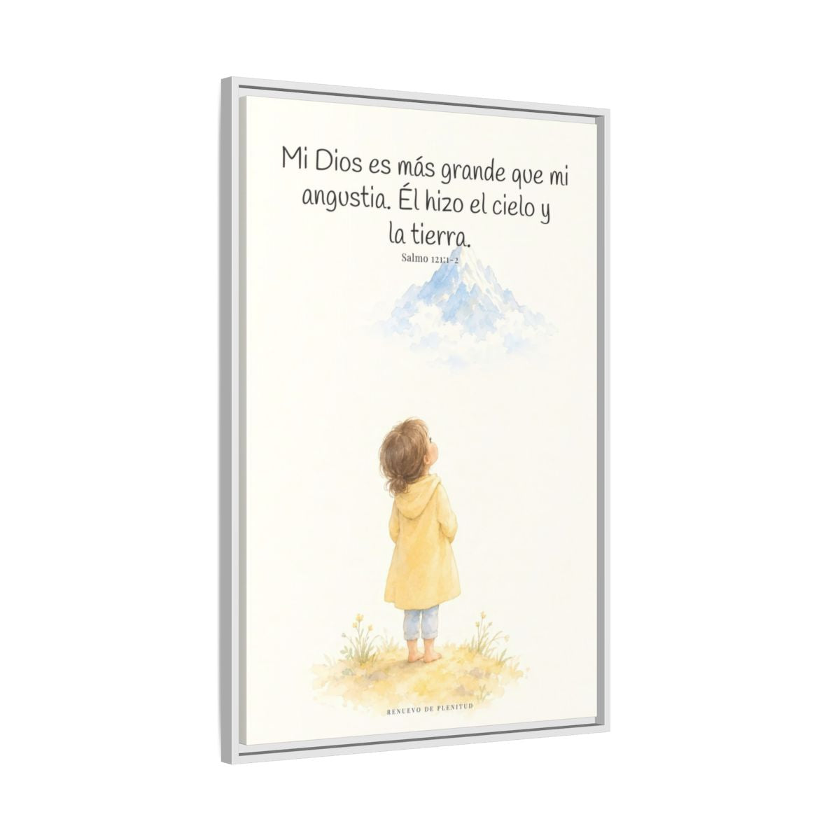 Mi Dios es más grande que mi angustia — Lienzo Cristiano Enmarcado | Salmo 121:1-2 — 24×36 pulgadas, marco blanco, vista lateral del marco flotante