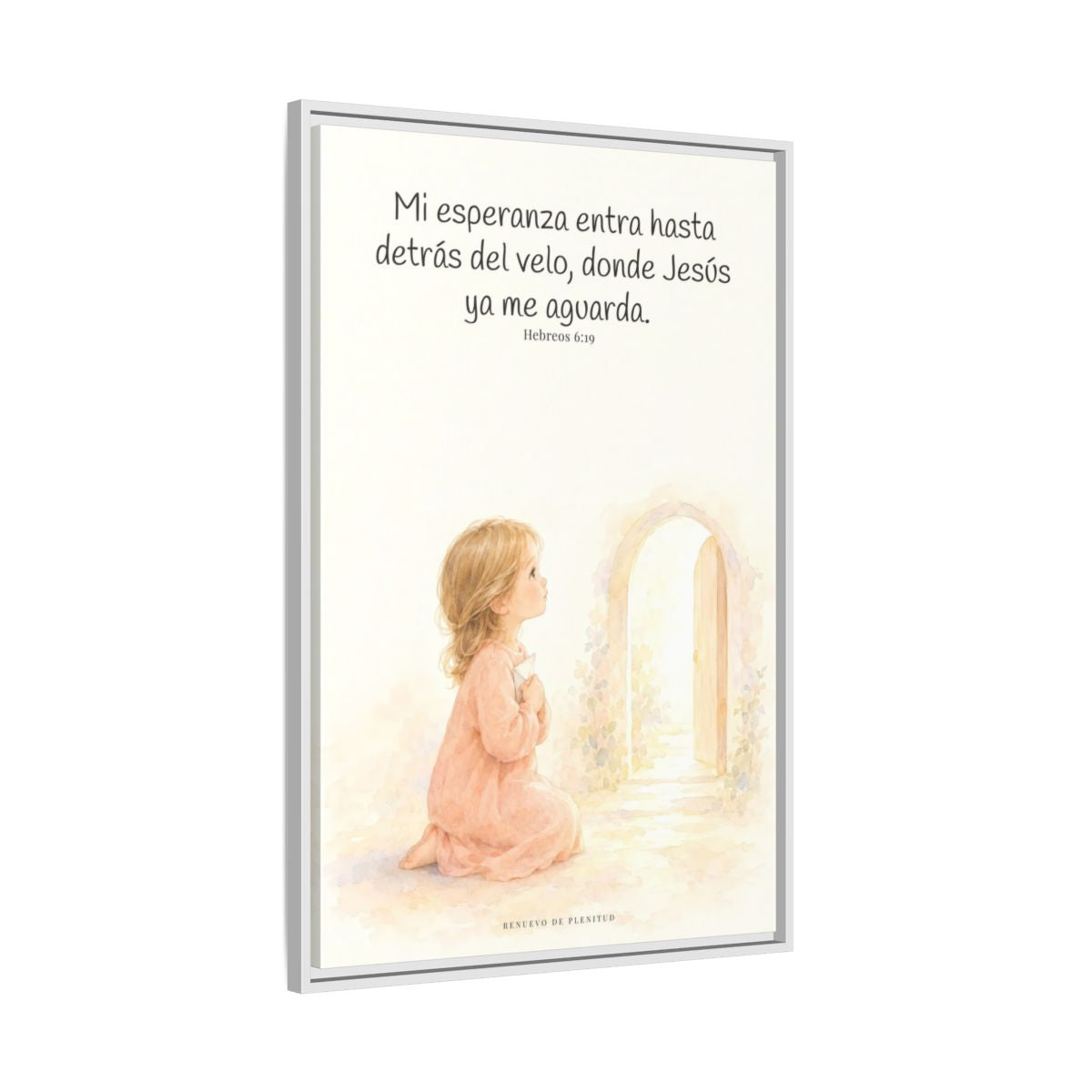 Mi esperanza entra hasta detrás del velo — Lienzo Cristiano Enmarcado | Hebreos 6:19 — 24×36 pulgadas, marco blanco, vista lateral del marco flotante