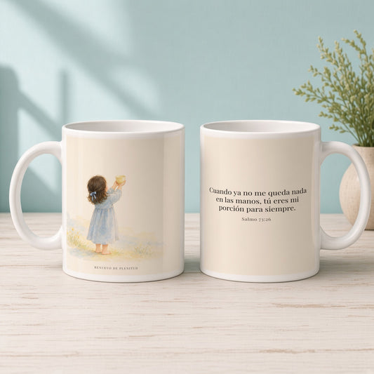 Mi porción eres tú, Señor | Taza devocional ilustrada | Salmo 73:26 — 15oz · Mañana aqua, arte y frase devocional en dos tazas
