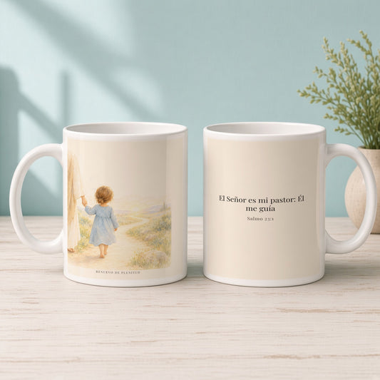El Señor es mi pastor; Él me guía | Taza bíblica para café | Salmo 23:1 — 15oz · Mañana aqua, arte y frase devocional en dos tazas