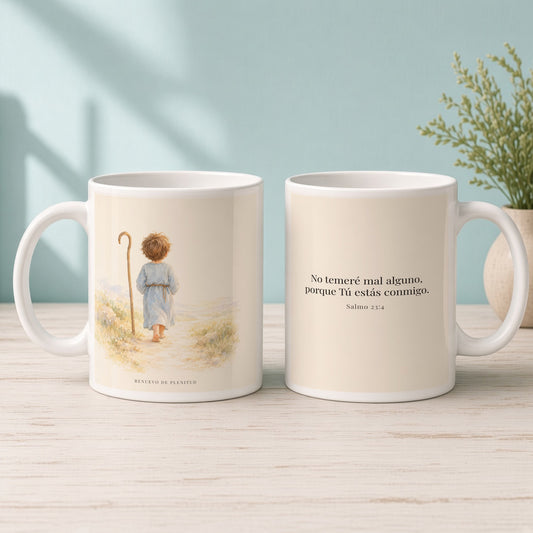 Aunque ande en valle de sombra, Tú estás conmigo | Taza cristiana en dos tamaños | Salmo 23:4 — 15oz · Mañana aqua, arte y frase devocional en dos tazas