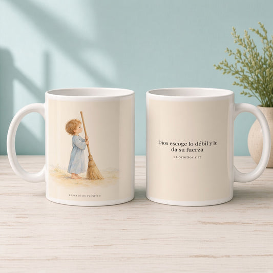 Dios escoge lo débil y le da su fuerza | Taza con arte cristiano | 1 Corintios 1:27 — 15oz · Mañana aqua, arte y frase devocional en dos tazas