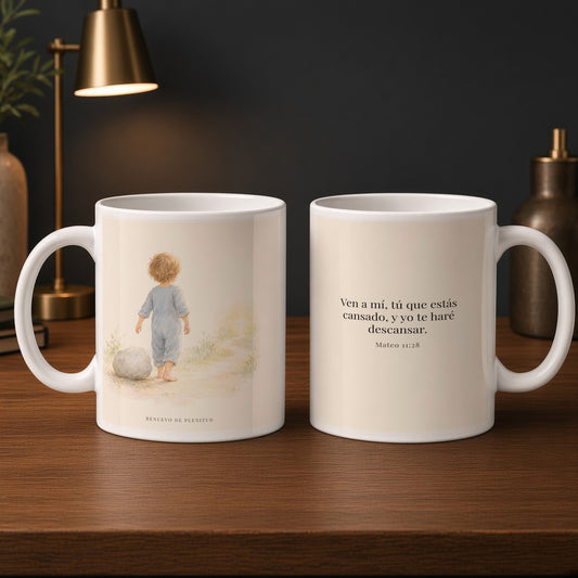 Ven a mí y yo te haré descansar | Taza con arte cristiano | Mateo 11:28 — 15oz · Estudio carbón, arte y frase devocional en dos tazas