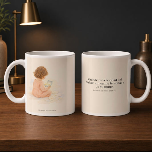 Grande es la bondad del Señor conmigo | Taza cristiana con frase devocional | Lamentaciones 3:22-23 — 15oz · Estudio carbón, arte y frase devocional en dos tazas