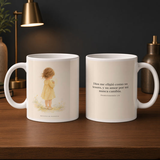 Dios me eligió como su tesoro | Taza bíblica de cerámica | Deuteronomio 7:6 — 15oz · Estudio carbón, arte y frase devocional en dos tazas