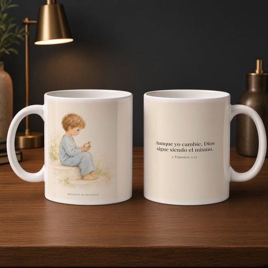 Él no puede negarse a sí mismo | Taza devocional ilustrada | 2 Timoteo 2:13 — 15oz · Estudio carbón, arte y frase devocional en dos tazas
