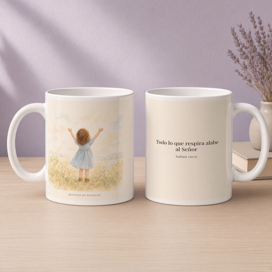 Todo lo que respira alabe a Jehová | Taza con arte cristiano | Salmo 150:6 — 15oz · Devocional lavanda, arte y frase devocional en dos tazas