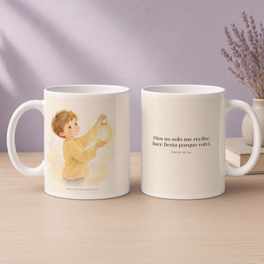 Era tiempo de hacer fiesta y regocijarnos | Taza de inspiración bíblica | Lucas 15:24 — 15oz · Devocional lavanda, arte y frase devocional en dos tazas