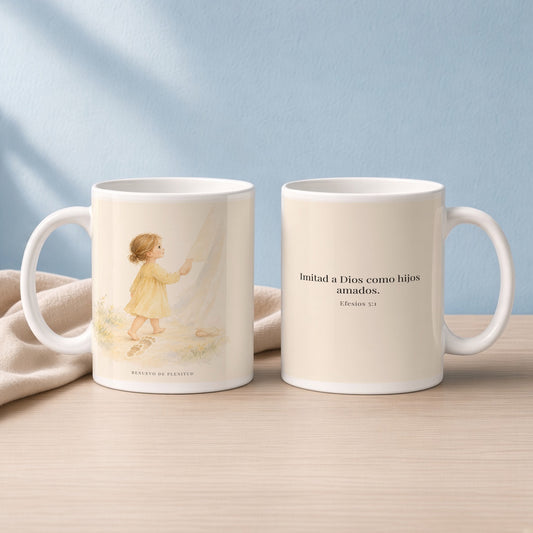 Imitad a Dios como hijos amados | Taza bíblica de cerámica | Efesios 5:1 — 15oz · Lectura azul sereno, arte y frase devocional en dos tazas