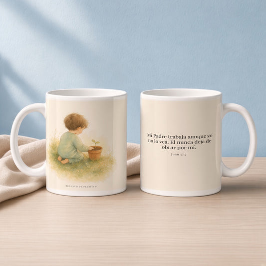 Mi Padre hasta ahora trabaja | Taza de fe para cada mañana | Juan 5:17 — 15oz · Lectura azul sereno, arte y frase devocional en dos tazas