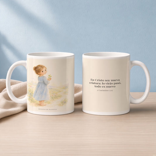 En Cristo soy nueva criatura | Taza bíblica de cerámica | 2 Corintios 5:17 — 15oz · Lectura azul sereno, arte y frase devocional en dos tazas