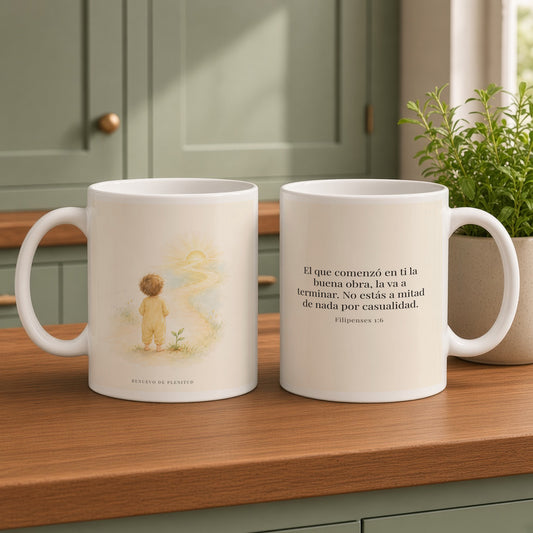 Dios terminará la buena obra que empezó en mí | Taza bíblica de cerámica | Filipenses 1:6 — 15oz · Cocina verde salvia, arte y frase devocional en dos tazas