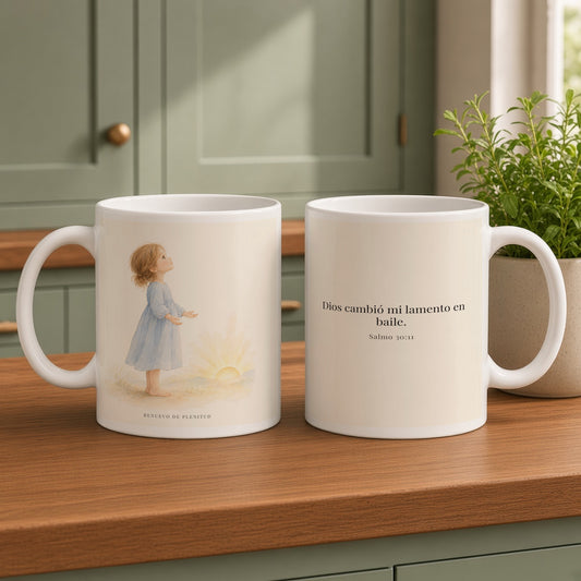 Dios cambió mi lamento en baile | Taza de inspiración bíblica | Salmo 30:11 — 15oz · Cocina verde salvia, arte y frase devocional en dos tazas