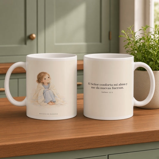 El Señor conforta mi alma | Taza de fe para cada mañana | Salmo 23:3 — 15oz · Cocina verde salvia, arte y frase devocional en dos tazas