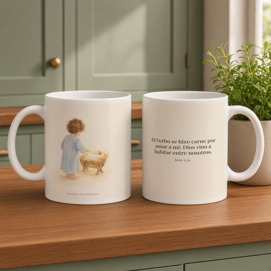 El Verbo se hizo carne por amor a mí | Taza cristiana en dos tamaños | Juan 1:14 — 15oz · Cocina verde salvia, arte y frase devocional en dos tazas