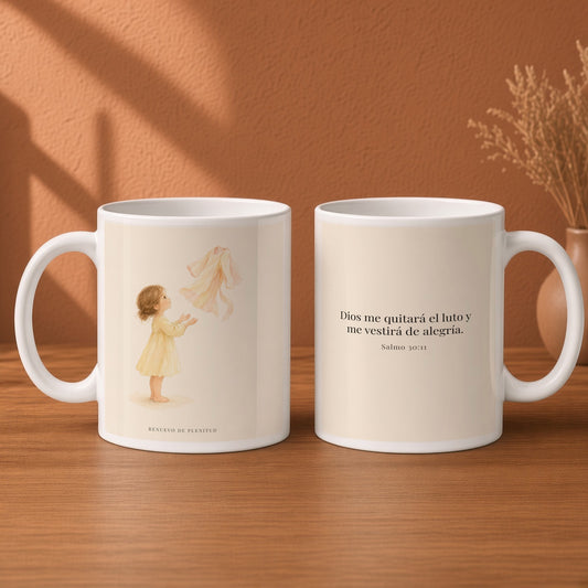 Dios me vestirá de alegría | Taza devocional ilustrada | Salmo 30:11 — 15oz · Desayuno terracota, arte y frase devocional en dos tazas