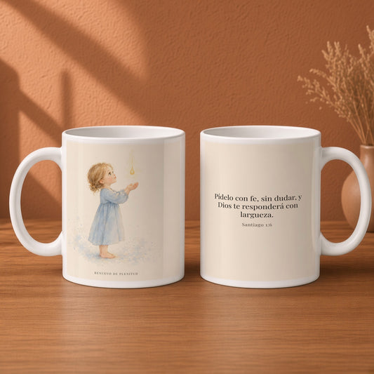 Dios dará sin dudar al que pide con fe | Taza devocional de fe | Santiago 1:6 — 15oz · Desayuno terracota, arte y frase devocional en dos tazas