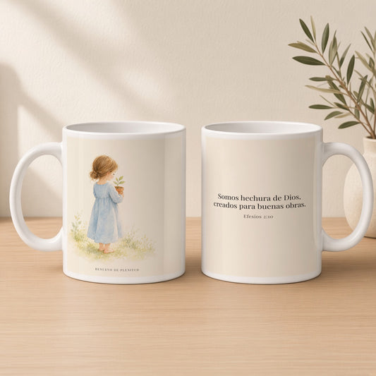 Somos hechura de Dios para buenas obras | Taza de inspiración bíblica | Efesios 2:10 — 15oz · Estudio crema cálido, arte y frase devocional en dos tazas