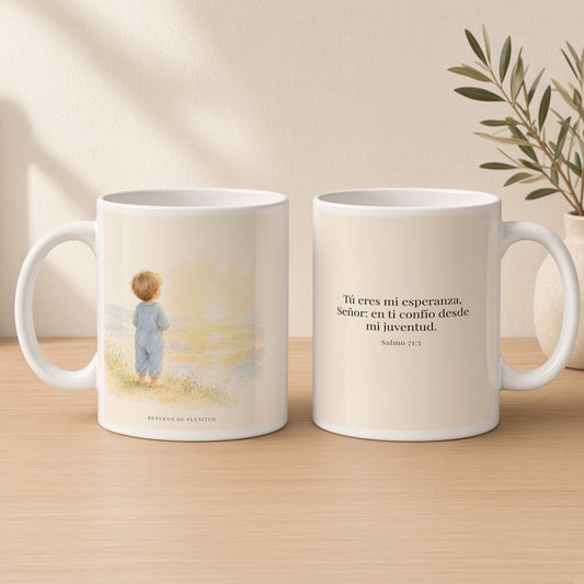 Tú eres mi esperanza, Señor | Taza de inspiración bíblica | Salmo 71:5 — 15oz · Estudio crema cálido, arte y frase devocional en dos tazas