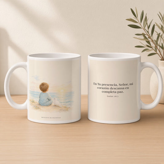 Tú guardarás en completa paz a quien confía en ti | Taza de fe para cada mañana | Isaías 26:3 — 15oz · Estudio crema cálido, arte y frase devocional en dos tazas
