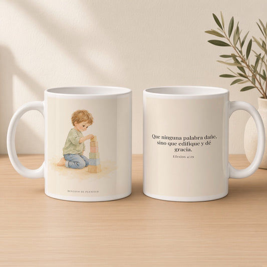 Que mis labios edifiquen | Taza cristiana para regalar | Efesios 4:29 — 15oz · Estudio crema cálido, arte y frase devocional en dos tazas