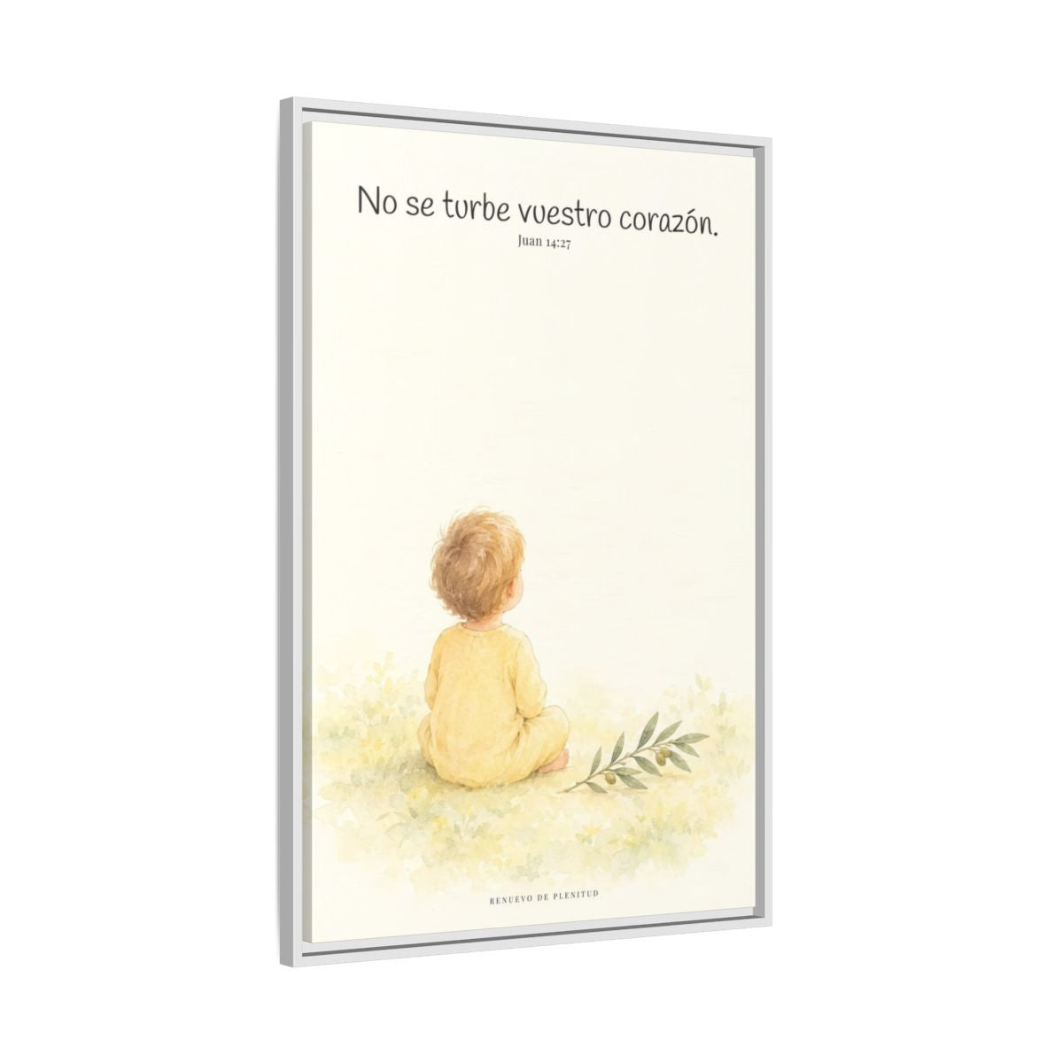 No se turbe vuestro corazón — Lienzo Cristiano Enmarcado | Juan 14:27 — 24×36 pulgadas, marco blanco, vista lateral del marco flotante
