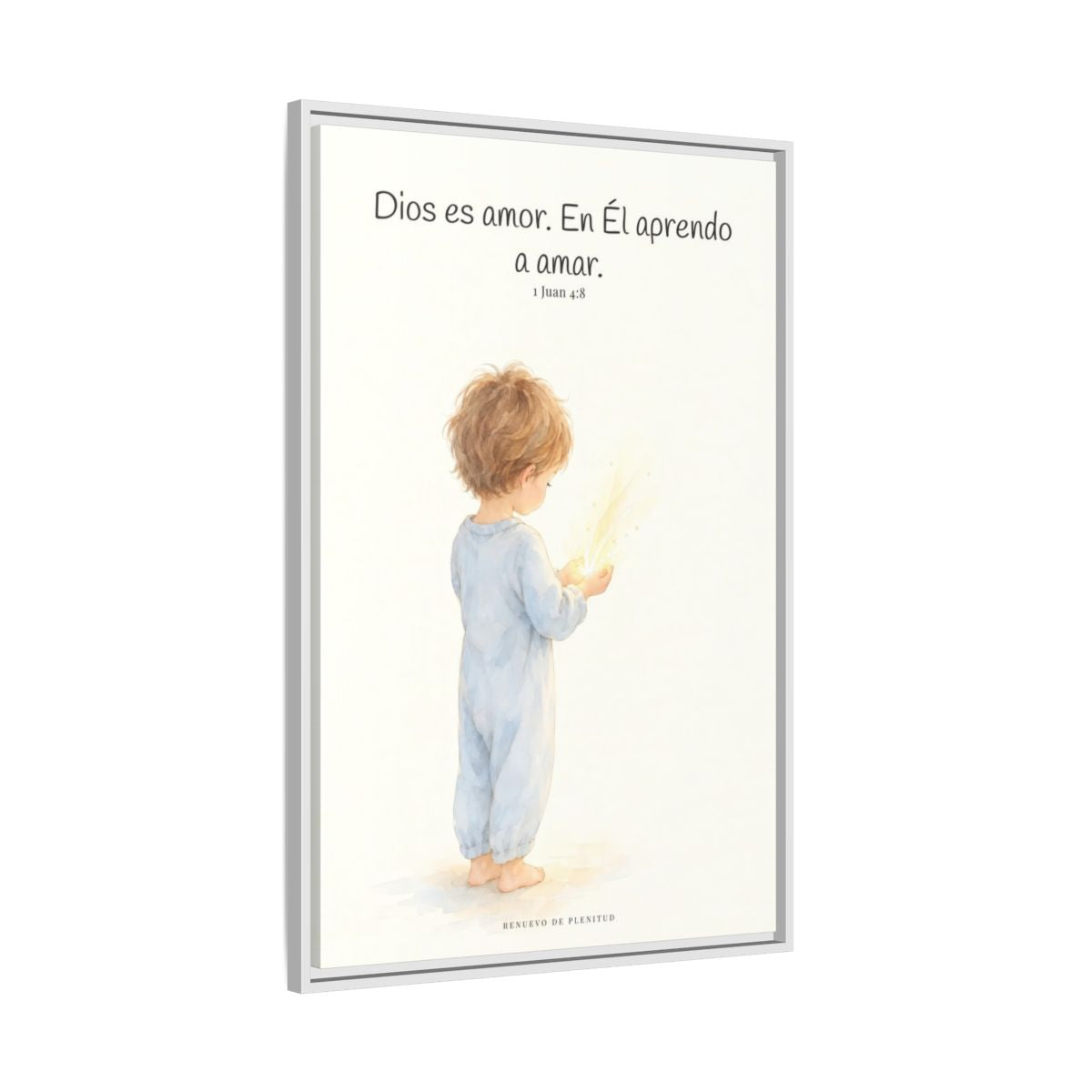 Quien no ama no conoce a Dios, porque Dios es amor — Lienzo Cristiano Enmarcado | 1 Juan 4:8 — 24×36 pulgadas, marco blanco, vista lateral del marco flotante