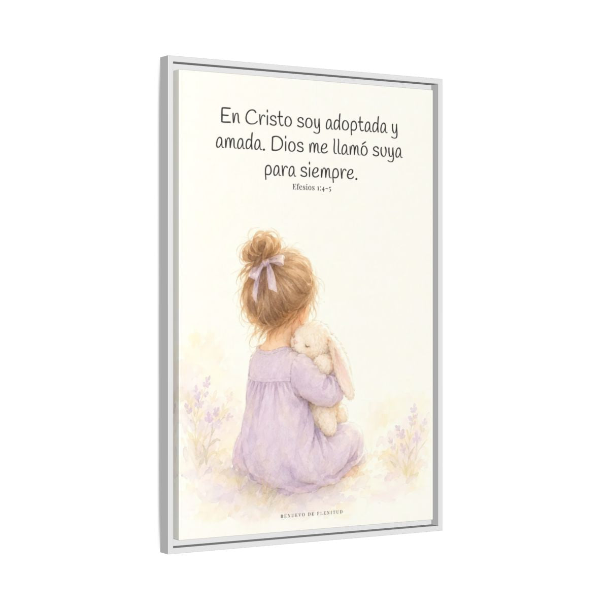 Soy hija amada de Dios en Cristo — Lienzo Cristiano Enmarcado | Efesios 1:4-5 — 24×36 pulgadas, marco blanco, vista lateral del marco flotante